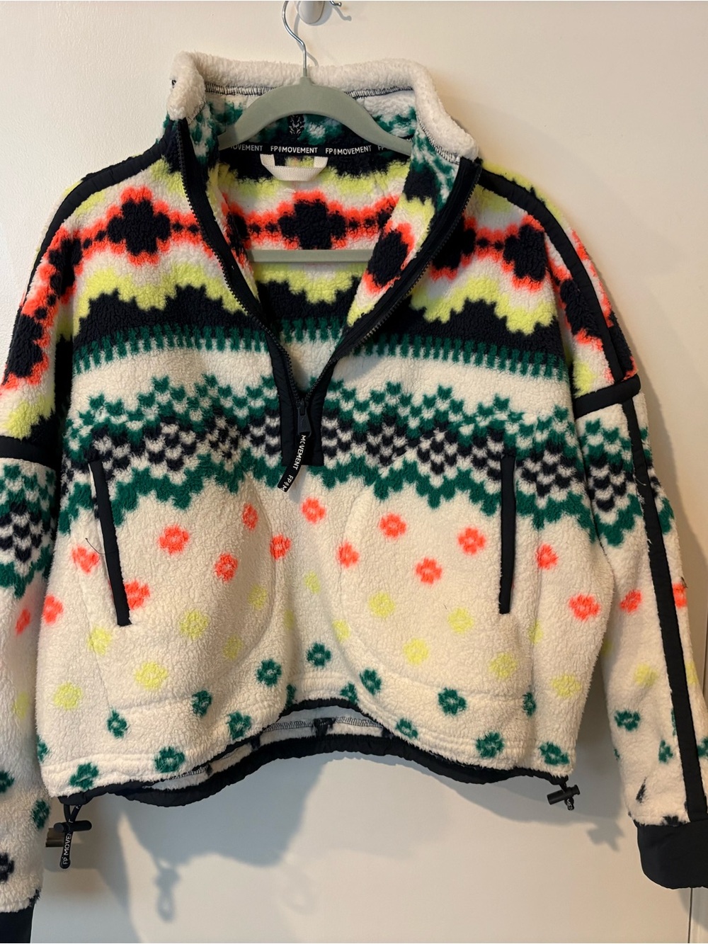 FP Movement by Free People Cream Sherpa Half‑Zip Jacket with Neon Fair Isle
